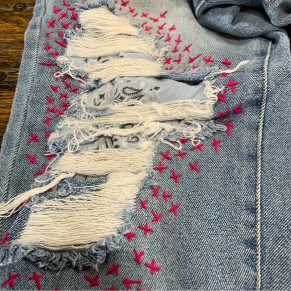 Denim - Boho Blue Jeans Distressed Bandana Print Embroidered Embroidery Cotton 17
